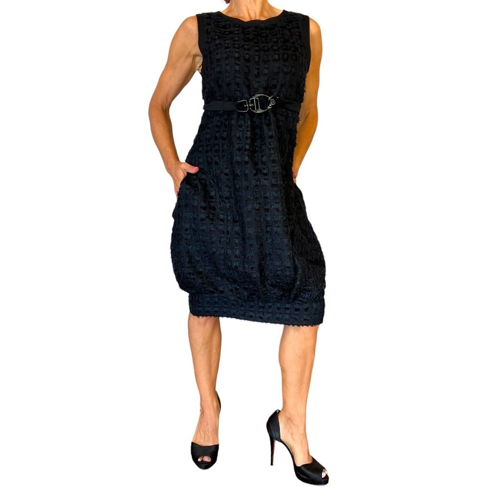 ICEBERG ITALY WOMEN'S DRESS WOOL SILK BELTED BUBBLE HEM FRAYED TWEED S
